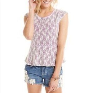 Matilda Jane Pippenger Peplum Lace Top AT1593 Purple Cap Sleeve Size L